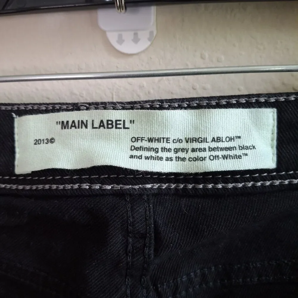 Off White Virgil Abloh Black Denim Slim Fit Jeans 28 Logo Tape Side Stripe ITALY